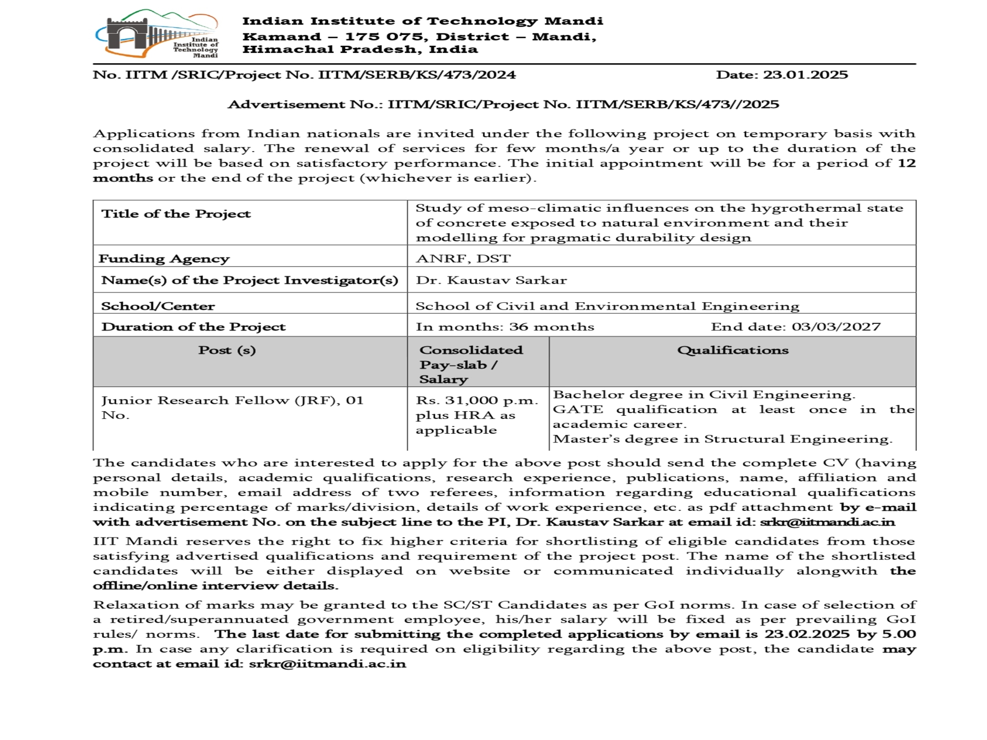 Applications Invited for JRF Position in SERB Funded project under PI: Dr. Kaustav Sarkar